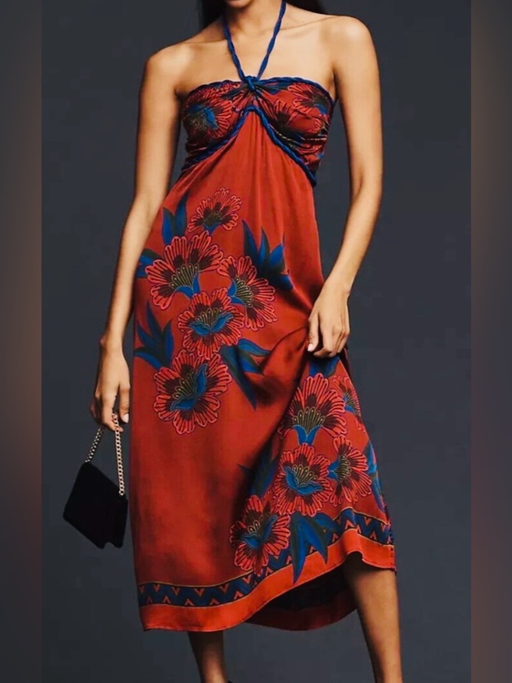 FARM Rio Rust Strapless Floral Midi Dress with Blue Accents